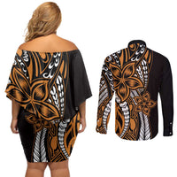 Polynesian Plumeria Floral Tattoo Pattern Couples Matching Off Shoulder Short Dress and Long Sleeve Button Shirt Gold Style LT9 - Polynesian Pride