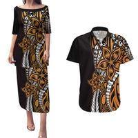 Polynesian Plumeria Floral Tattoo Pattern Couples Matching Puletasi and Hawaiian Shirt Gold Style LT9 Gold - Polynesian Pride
