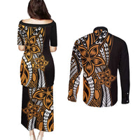 Polynesian Plumeria Floral Tattoo Pattern Couples Matching Puletasi and Long Sleeve Button Shirt Gold Style LT9 - Polynesian Pride