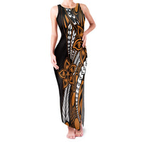 Polynesian Plumeria Floral Tattoo Pattern Family Matching Tank Maxi Dress and Hawaiian Shirt Gold Style