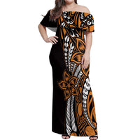 Polynesian Plumeria Floral Tattoo Pattern Off Shoulder Maxi Dress Gold Style LT9 Women Gold - Polynesian Pride