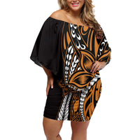 Polynesian Plumeria Floral Tattoo Pattern Off Shoulder Short Dress Gold Style LT9 Women Gold - Polynesian Pride