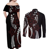 Polynesian Plumeria Floral Tattoo Pattern Couples Matching Off Shoulder Maxi Dress and Long Sleeve Button Shirt Oxblood Style LT9 - Polynesian Pride