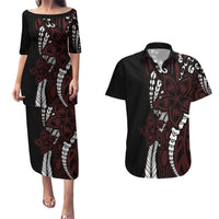 Polynesian Plumeria Floral Tattoo Pattern Couples Matching Puletasi and Hawaiian Shirt Oxblood Style LT9 Oxblood - Polynesian Pride