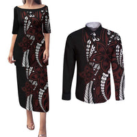 Polynesian Plumeria Floral Tattoo Pattern Couples Matching Puletasi and Long Sleeve Button Shirt Oxblood Style LT9 Oxblood - Polynesian Pride