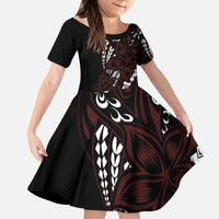 Polynesian Plumeria Floral Tattoo Pattern Kid Short Sleeve Dress Oxblood Style