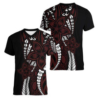 Polynesian Plumeria Floral Tattoo Pattern Women V-Neck T-Shirt Oxblood Style