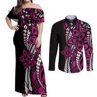 Polynesian Plumeria Floral Tattoo Pattern Couples Matching Off Shoulder Maxi Dress and Long Sleeve Button Shirt Pink Style LT9 Pink - Polynesian Pride
