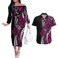 Polynesian Plumeria Floral Tattoo Pattern Couples Matching Off The Shoulder Long Sleeve Dress and Hawaiian Shirt Pink Style