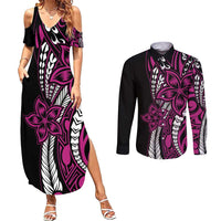 Polynesian Plumeria Floral Tattoo Pattern Couples Matching Summer Maxi Dress and Long Sleeve Button Shirt Pink Style LT9 Pink - Polynesian Pride