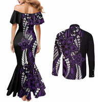 Polynesian Plumeria Floral Tattoo Pattern Couples Matching Mermaid Dress and Long Sleeve Button Shirt Purple Style LT9 - Polynesian Pride
