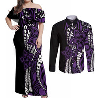 Polynesian Plumeria Floral Tattoo Pattern Couples Matching Off Shoulder Maxi Dress and Long Sleeve Button Shirt Purple Style LT9 Purple - Polynesian Pride