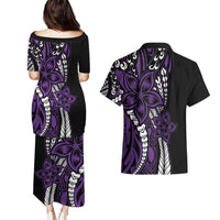 Polynesian Plumeria Floral Tattoo Pattern Couples Matching Puletasi and Hawaiian Shirt Purple Style LT9 - Polynesian Pride