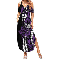 Polynesian Plumeria Floral Tattoo Pattern Family Matching Summer Maxi Dress and Hawaiian Shirt Purple Style