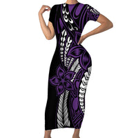 Polynesian Plumeria Floral Tattoo Pattern Short Sleeve Bodycon Dress Purple Style