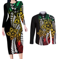Polynesian Plumeria Floral Tattoo Pattern Couples Matching Long Sleeve Bodycon Dress and Long Sleeve Button Shirt Reggae Style LT9 Reggae - Polynesian Pride