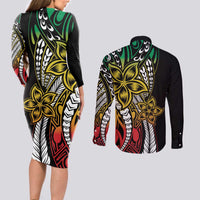 Polynesian Plumeria Floral Tattoo Pattern Couples Matching Long Sleeve Bodycon Dress and Long Sleeve Button Shirt Reggae Style LT9 - Polynesian Pride