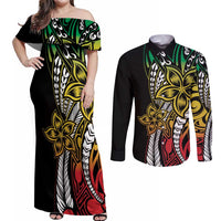 Polynesian Plumeria Floral Tattoo Pattern Couples Matching Off Shoulder Maxi Dress and Long Sleeve Button Shirt Reggae Style LT9 Reggae - Polynesian Pride
