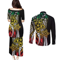 Polynesian Plumeria Floral Tattoo Pattern Couples Matching Puletasi and Long Sleeve Button Shirt Reggae Style LT9 - Polynesian Pride
