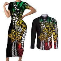 Polynesian Plumeria Floral Tattoo Pattern Couples Matching Short Sleeve Bodycon Dress and Long Sleeve Button Shirt Reggae Style LT9 Reggae - Polynesian Pride