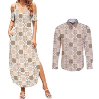 Hawaiian Palaka Quilt Pattern Couples Matching Summer Maxi Dress and Long Sleeve Button Shirt Hawaii Culture Bird of Paradise Exotic Motif - Polynesian Pride