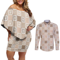 Hawaiian Palaka Quilt Pattern Couples Matching Off Shoulder Short Dress and Long Sleeve Button Shirt Hawaii Culture Honu Turtle - Polynesian Pride
