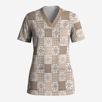 Hawaiian Palaka Quilt Pattern Scrub Top Hawaii Culture Pineapple LT9 Adult Beige - Polynesian Pride