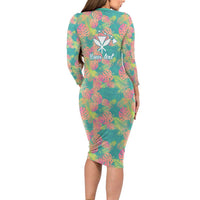 Seamless Hawaiian Quilt Pattern Long Sleeve Bodycon Dress Hawaii Culture Palm Leaf Tropical - Polynesian Pride