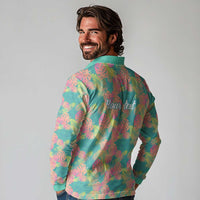 Seamless Hawaiian Quilt Pattern Long Sleeve Polo Shirt Hawaii Culture Palm Leaf Tropical - Polynesian Pride