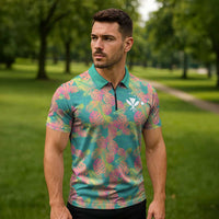 Seamless Hawaiian Quilt Pattern Zipper Polo Shirt Hawaii Culture Palm Leaf Tropical - Polynesian Pride