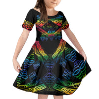 Tonga LGBT Family Matching Off Shoulder Long Sleeve Dress and Hawaiian Shirt Love Is Love Ngatu Rainbow Water Color LT9 Daughter's Dress Black - Polynesian Pride