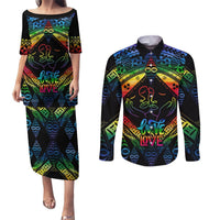 Personalised Tonga LGBT Couples Matching Puletasi Dress and Long Sleeve Button Shirts Love Is Love Ngatu Rainbow Water Color LT9 Black - Polynesian Pride
