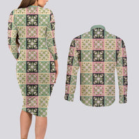 Seamless Pattern Maile and Pikake Lei Couples Matching Long Sleeve Bodycon Dress and Long Sleeve Button Shirt Squares Maile Leaf LT9 - Polynesian Pride