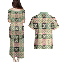 Seamless Pattern Maile and Pikake Lei Couples Matching Puletasi and Hawaiian Shirt Squares Maile Leaf LT9 - Polynesian Pride
