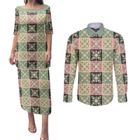 Seamless Pattern Maile and Pikake Lei Couples Matching Puletasi and Long Sleeve Button Shirt Squares Maile Leaf LT9 Green - Polynesian Pride