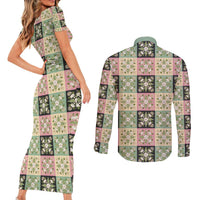 Seamless Pattern Maile and Pikake Lei Couples Matching Short Sleeve Bodycon Dress and Long Sleeve Button Shirt Squares Maile Leaf LT9 - Polynesian Pride