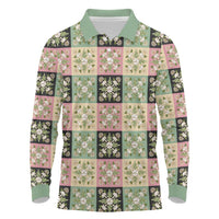 Seamless Pattern Maile and Pikake Lei Long Sleeve Polo Shirt Squares Maile Leaf LT9 Green - Polynesian Pride