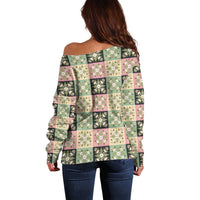 Seamless Pattern Maile and Pikake Lei Off Shoulder Sweater Squares Maile Leaf - Polynesian Pride