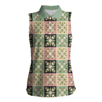 Seamless Pattern Maile and Pikake Lei Women Sleeveless Polo Shirt Squares Maile Leaf LT9 Female Green - Polynesian Pride