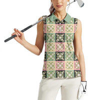 Seamless Pattern Maile and Pikake Lei Women Sleeveless Polo Shirt Squares Maile Leaf LT9 - Polynesian Pride