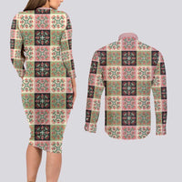 Seamless Pattern Pikake Lei Couples Matching Long Sleeve Bodycon Dress and Long Sleeve Button Shirt Floral Squares Pikake LT9 - Polynesian Pride