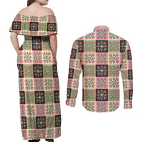 Seamless Pattern Pikake Lei Couples Matching Off Shoulder Maxi Dress and Long Sleeve Button Shirt Floral Squares Pikake LT9 - Polynesian Pride
