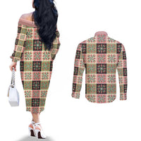 Seamless Pattern Pikake Lei Couples Matching Off The Shoulder Long Sleeve Dress and Long Sleeve Button Shirt Floral Squares Pikake LT9 - Polynesian Pride