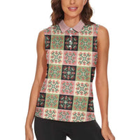Seamless Pattern Pikake Lei Women Sleeveless Polo Shirt Floral Squares Pikake LT9 - Polynesian Pride