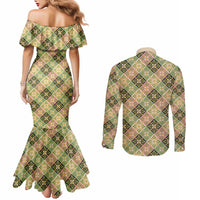Seamless Pattern Puakenikeni and Kalo Couples Matching Mermaid Dress and Long Sleeve Button Shirt LT9 - Polynesian Pride