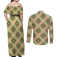 Seamless Pattern Puakenikeni and Kalo Couples Matching Off Shoulder Maxi Dress and Long Sleeve Button Shirt LT9 - Polynesian Pride