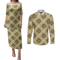 Seamless Pattern Puakenikeni and Kalo Couples Matching Puletasi and Long Sleeve Button Shirt LT9 Beige - Polynesian Pride