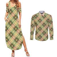 Seamless Pattern Puakenikeni and Kalo Couples Matching Summer Maxi Dress and Long Sleeve Button Shirt LT9 Beige - Polynesian Pride