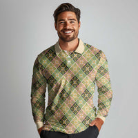 Seamless Pattern Puakenikeni and Kalo Long Sleeve Polo Shirt LT9 - Polynesian Pride