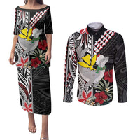 Hawaii Monk Seal Santa Couples Matching Puletasi and Long Sleeve Button Shirt Hibiscus Kakau Pattern Mele Kalikimaka LT9 Black - Polynesian Pride